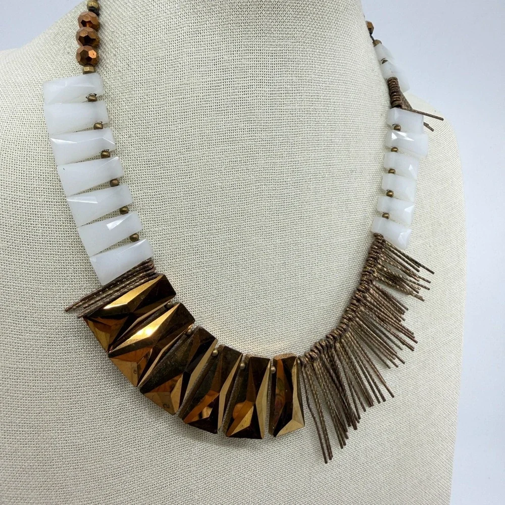 Bronze Tone  White  Geometric Bead Fringe Bib Necklace Boho Statement Jewelry